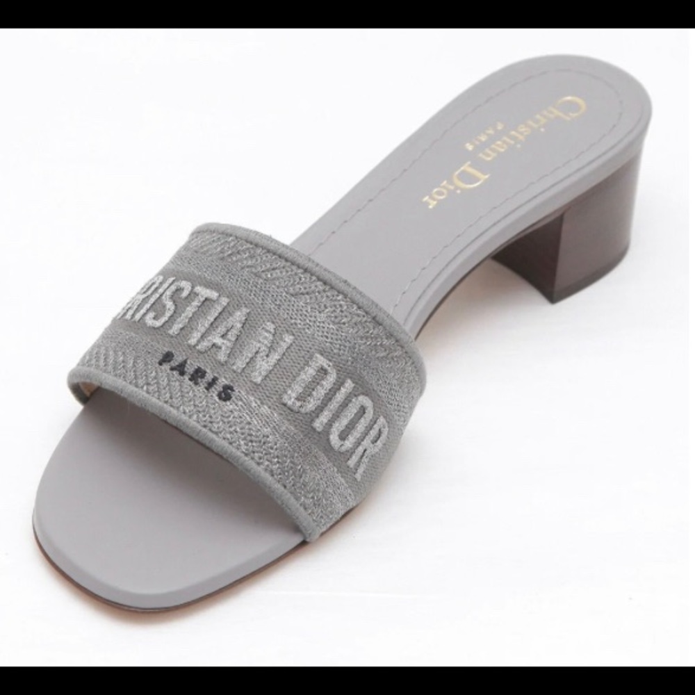 DIOR Slide Sandal Heel DWAY Metallic Silver Fabric Leather Wood